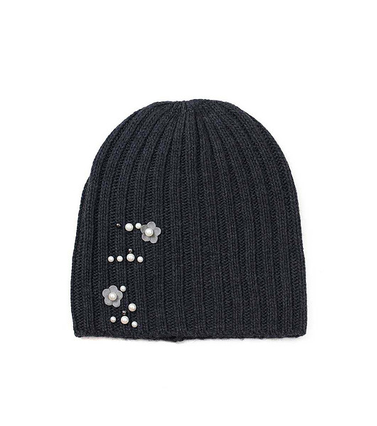 Дамска шапка в цвят графит с перли снимка