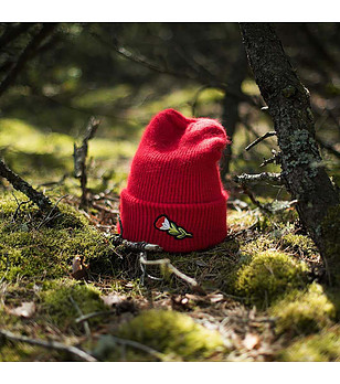 Червена зимна шапка с апликация снимка