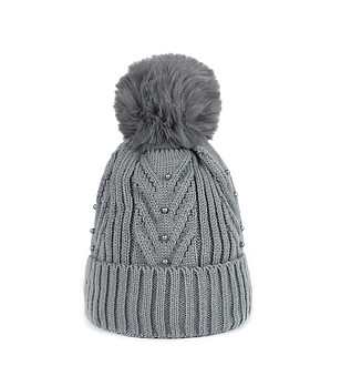 Дамска зимна шапка в сиво с пухкав помпон снимка