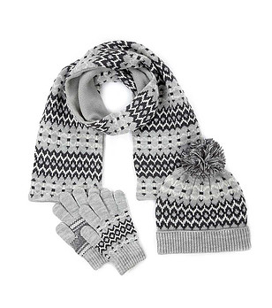 Детски комплект от шапка. шал и ръкавици в сиво и черно снимка
