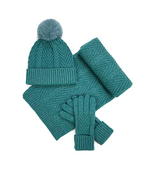 Дамски зимен комплект от шал, шапка и ръкавици в синьо-зелен нюанс снимка