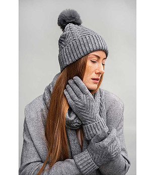 Дамски зимен комплект от шал, шапка и ръкавици в сиво снимка
