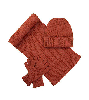 Дамски комплект от шал, шапка и ръкавици в цвят керемида снимка