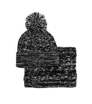 Детски комплект от шал и шапка в меланж на черно сиво снимка