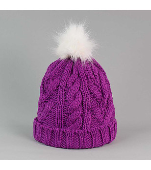 Лилава дамска зимна шапка с бял помпон снимка