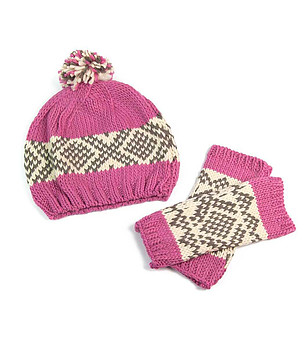 Дамски комплект от шапка и ръкавици в розово и екрю снимка
