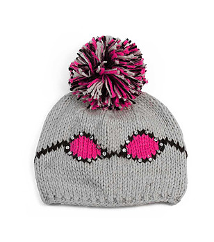 Сива дамска шапка с помпон снимка