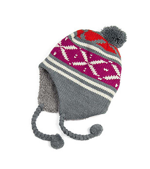 Зимна шапка ушанка в сиво, циклама и червено снимка