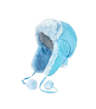 Светлосиня детска шапка ушанка с бродерии снимка