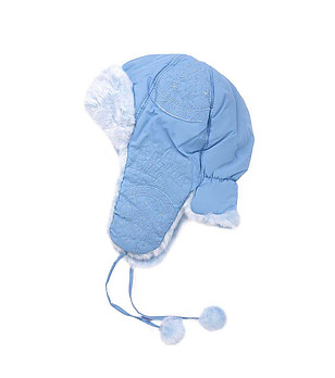 Синя детска шапка ушанка с бродерии снимка