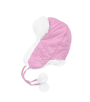 Детска шапка ушанка в розово с бродерии сърца снимка