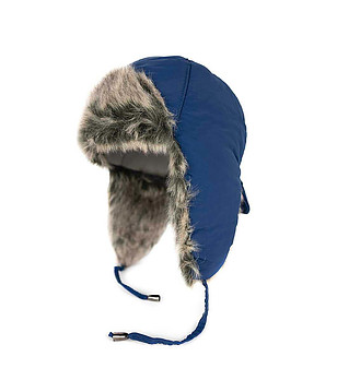 Тъмносиня детска шапка ушанка с пух снимка