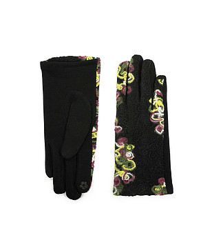 Черни ръкавици Carais с декорация в жълто и лилаво снимка