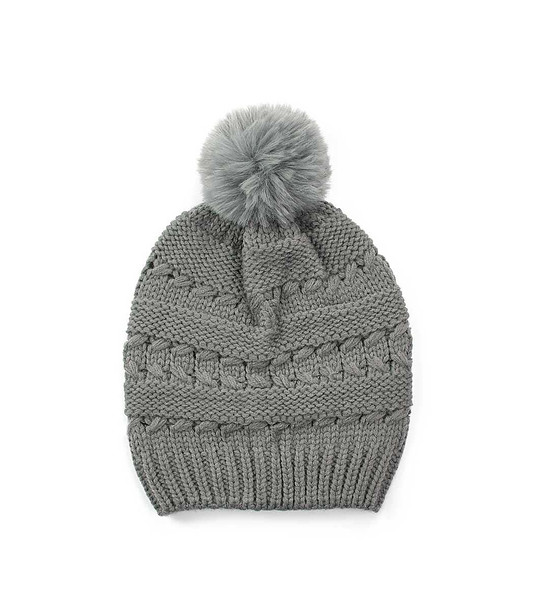 Сива дамска зимна шапка с помпон снимка