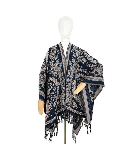 Пончо в тъмносиньо и сиво с пейсли мотиви снимка