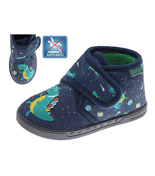 Ефектни детски пантофи в син цвят с динозавър снимка