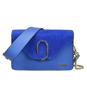 Синя дамска кожена чанта с велурен капак снимка