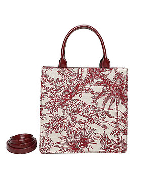 Дамска чанта в екрю с червен принт Elina снимка