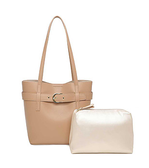 Дамска чанта в нюанс на таупе с несесер Crevia снимка