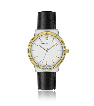 Дамски часовник в сребристо и златисто с черна кожена каишка Héloïse снимка