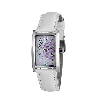 Дамски часовник в сребристо и лилаво с бяла кожена каишка снимка
