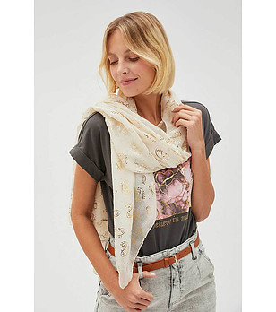 Дамски светлобежов шал със златист принт снимка