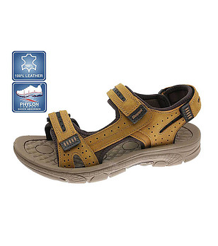 Мъжки сандали от кожа и текстил в цвят каки снимка