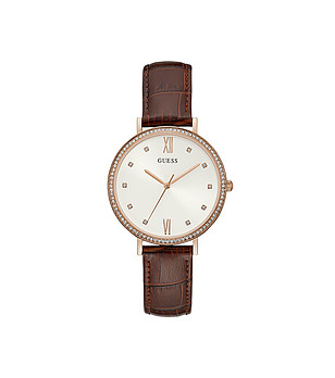 Дамски часовник в розовозлатисто с кафява кожена каишка снимка