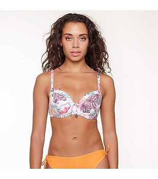 Бяло горнище на бански с тропически принт в розово снимка