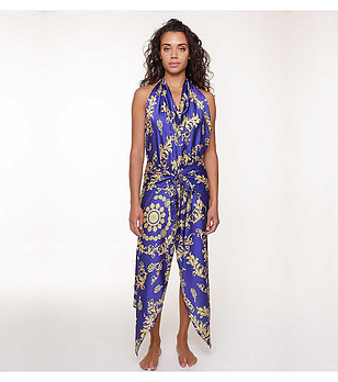 Многофункционално парео в синьо с принт в златисто снимка