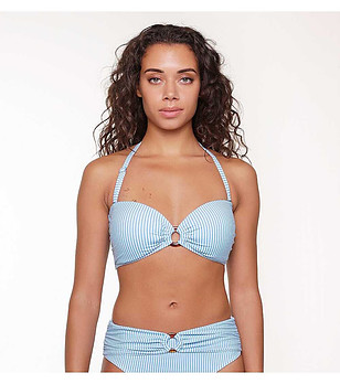 Горнище на бански тип бандо на райе в бяло и светлосиньо снимка