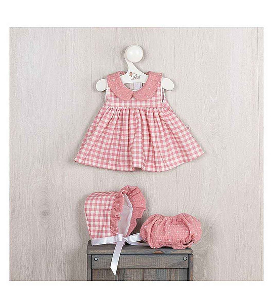 Дрехи за кукла Мария 43 см - розова рокля на квадрати с шапка и гащички снимка