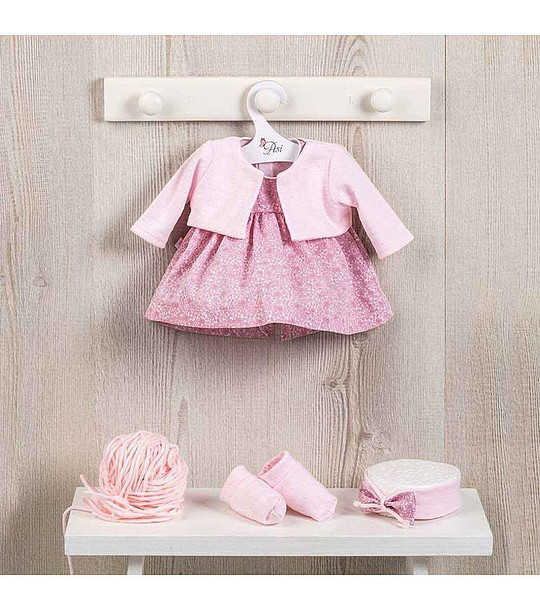 Дрехи за кукла Мария 43 см - рокля, жилетка, лента за глава,чорапки снимка