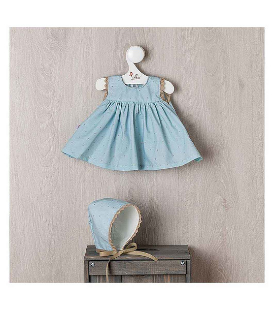 Дрехи за кукла Мария 43 см - светлосиня рокля и шапка снимка