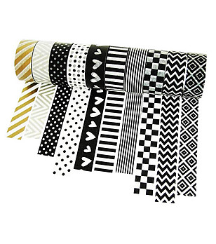 Декоративно тиксо Washi Tape - 8 бр. черно-бели + 2 металик снимка