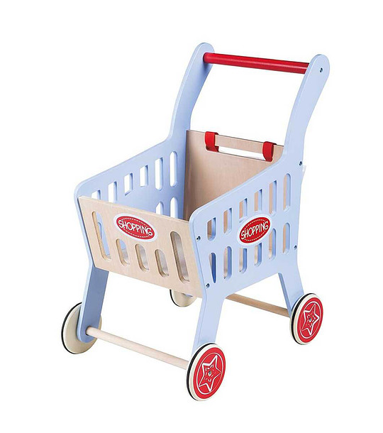 Дървена детска количка за пазаруване - синя снимка