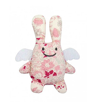 Плюшено зайче Ангел с дрънкалка с розови цветя 20 см снимка