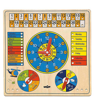 Дървен календар с часовник английска версия снимка