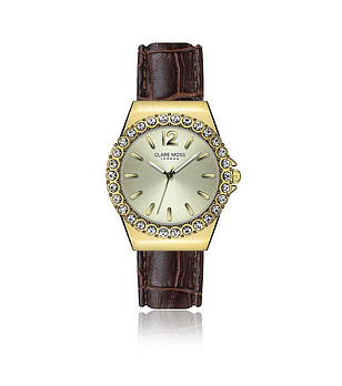 Златист дамски часовник с камъчета и кафява кожена каишка Kensington снимка