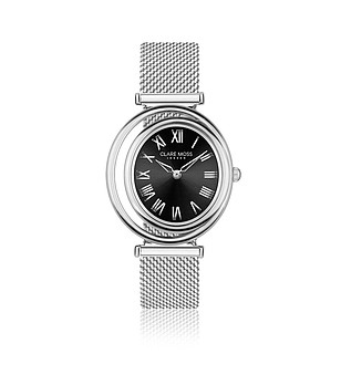 Сребрист дамски часовник с асиметричен дизайн и черен циферблат Clare снимка