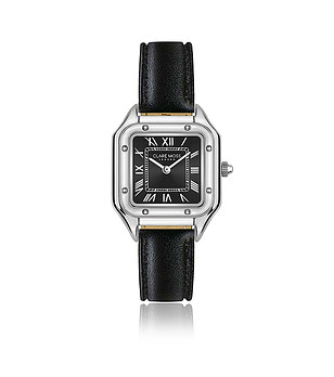 Сребрист дамски часовник с черна кожена каишка The Old Fashioned снимка