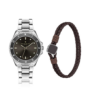 Мъжки комплект от сребрист часовник и кафява кожена гривна Wengen снимка