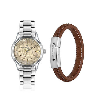 Комплект от часовник и кафява кожена гривна Worb снимка