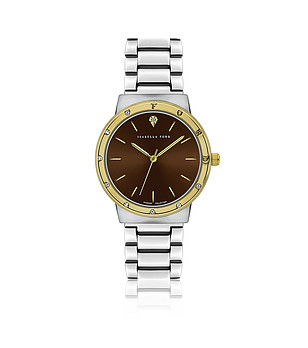 Дамски часовник в сребристо със златист кант и кафяв циферблат Capucine снимка