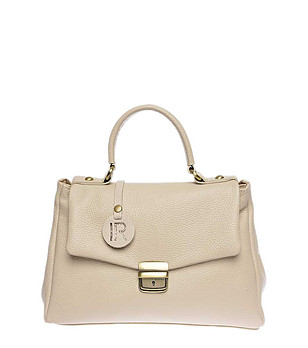 Светлобежова дамска кожена чанта снимка