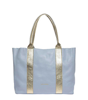 Кожена дамска чанта в светлосиньо и златисто снимка