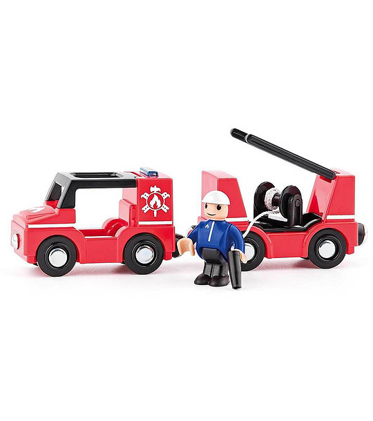 Комплект колички за дървено влакче Пожарна машина с пожарникар снимка