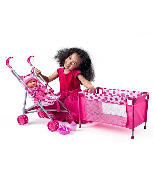 Кукла бебе Роузи с количка легло и аксесоари за хранене снимка