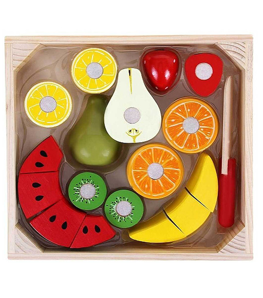 Дървени плодове в табличка снимка