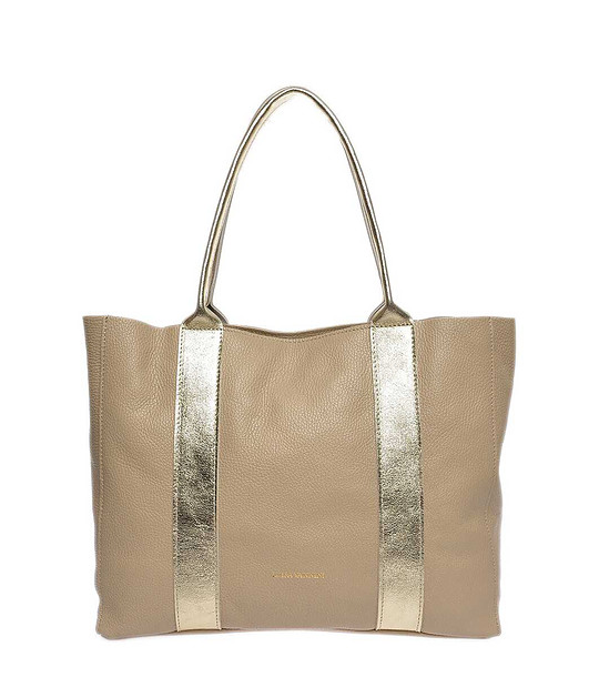 Кожена дамска чанта в таупе и златисто снимка